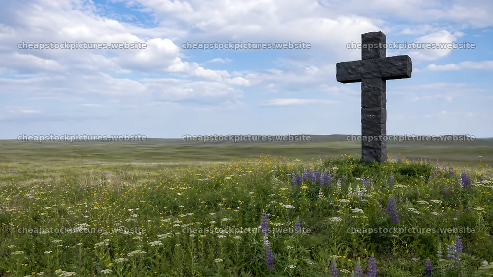 Dark Christian cross in summer meadow under a clear sky – stock pictures 10584x5952