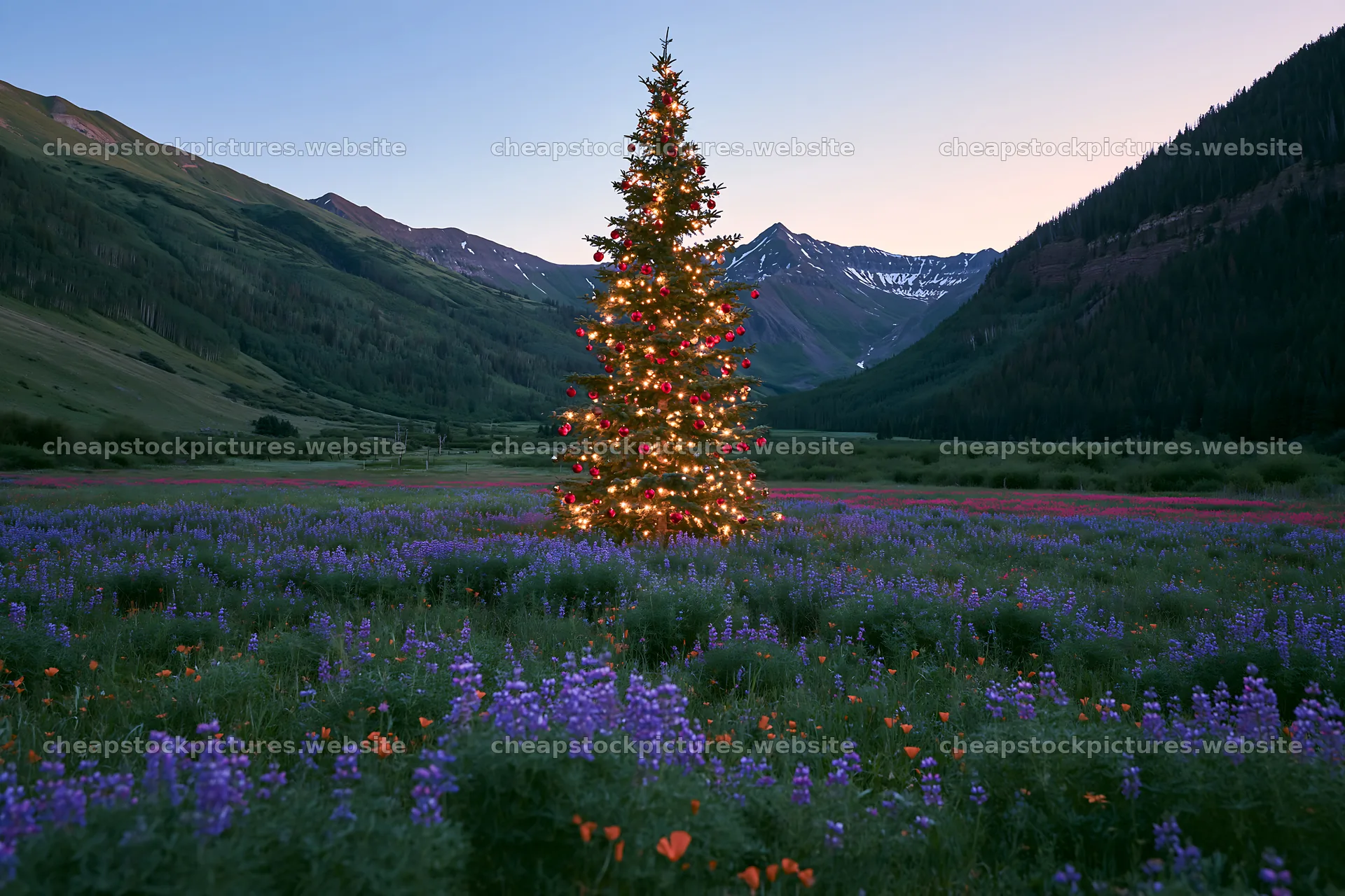 Christmas tree in mountain valley meadow at dusk – stock pictures 9722x6480