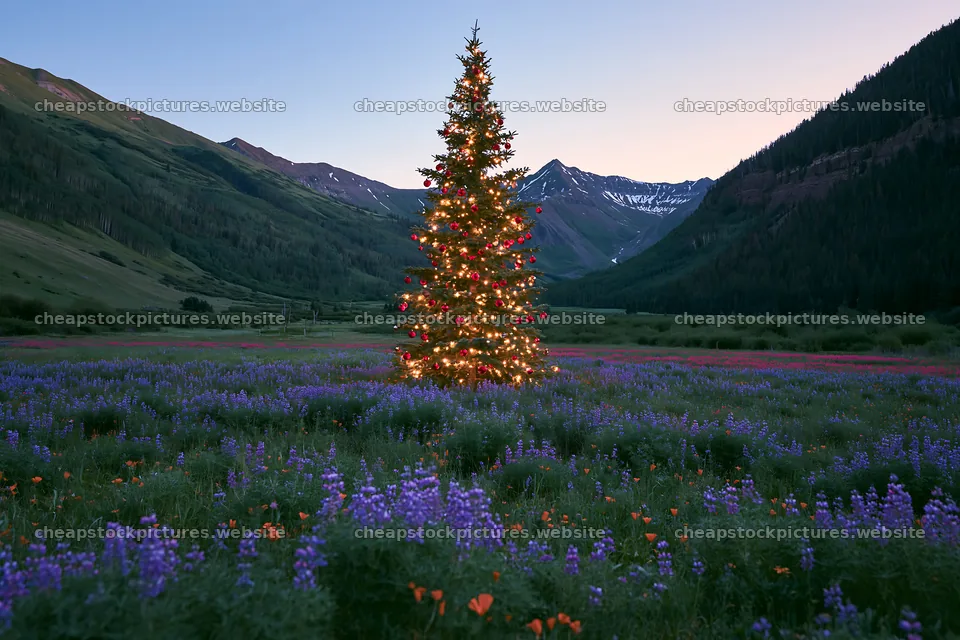 Christmas tree in mountain valley meadow at dusk – stock pictures 9722x6480