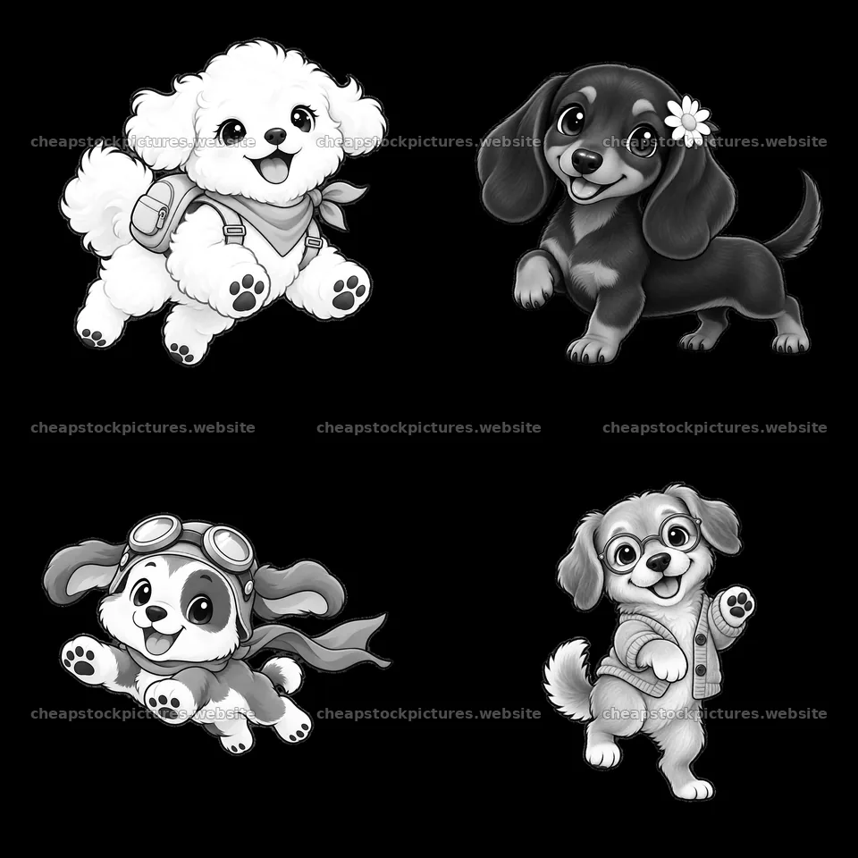 Cute dogs in playful poses with accessories in a 2x2 layout – stock pictures 7746x7746