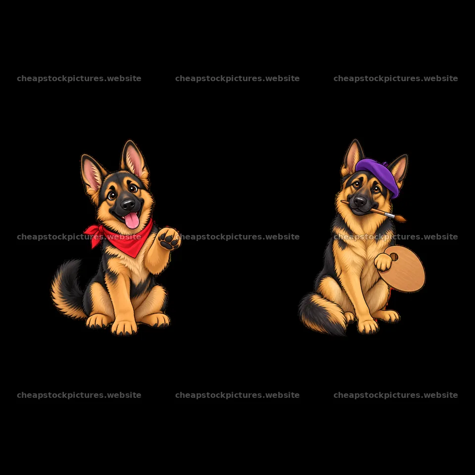 Two German Shepherd dogs with accessories and friendly poses – stock pictures 7746x7746