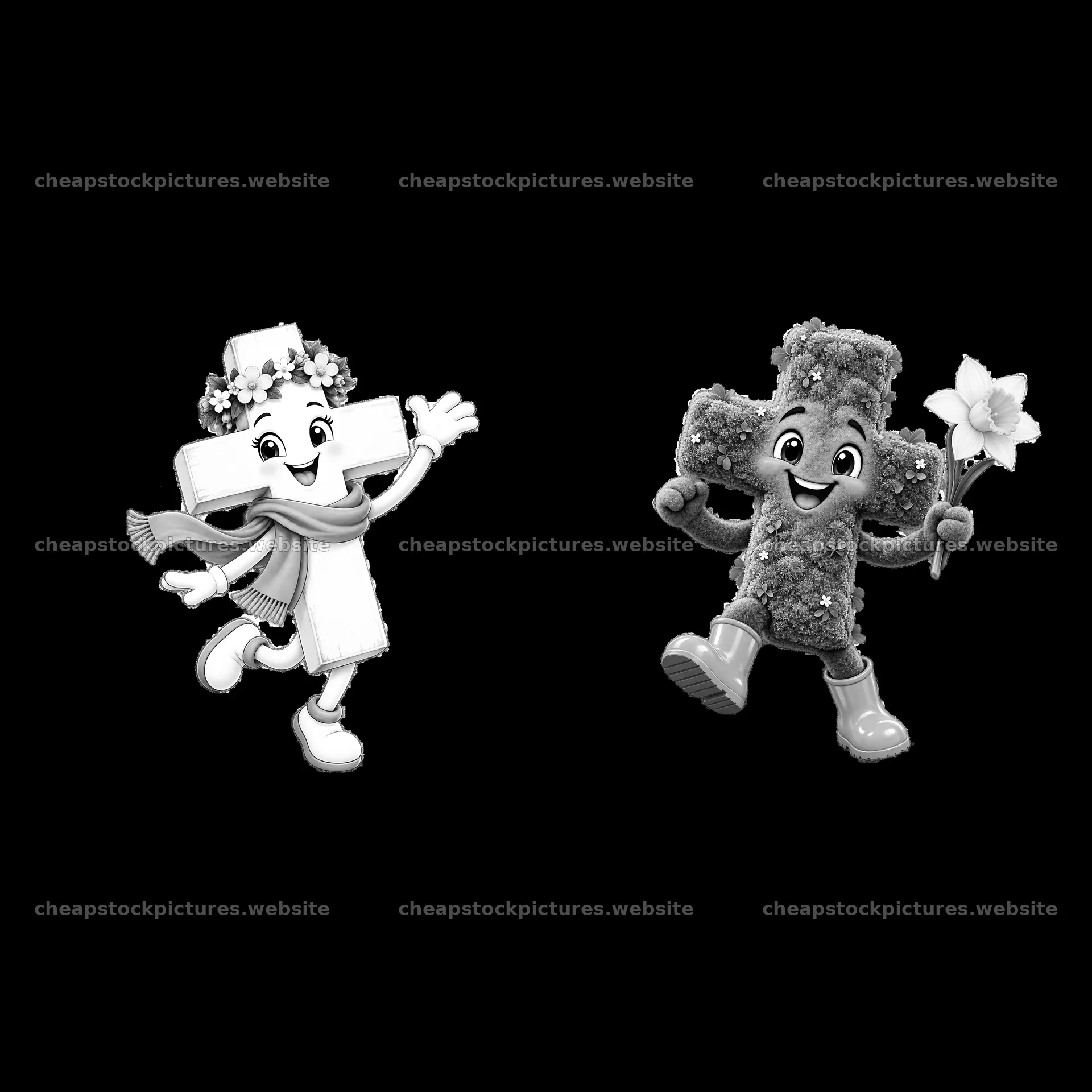 Easter cross characters with flowers and cheerful expressions – stock pictures 7746x7746