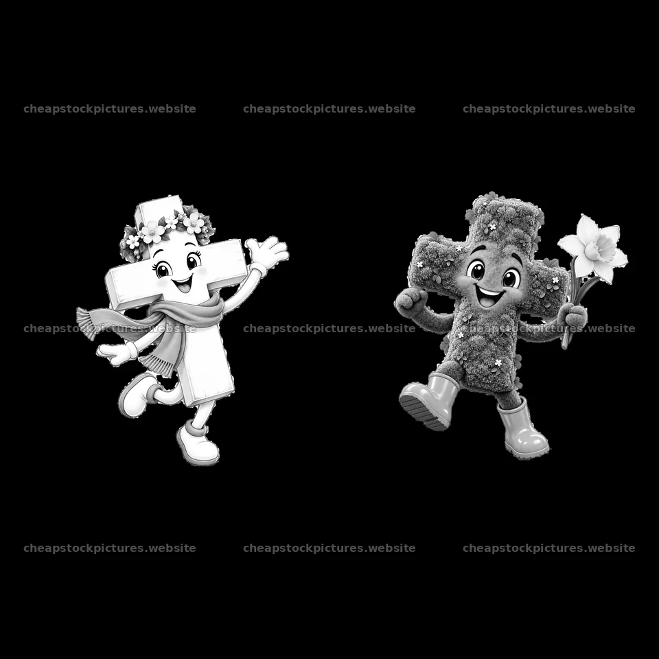 Easter cross characters with flowers and cheerful expressions – stock pictures 7746x7746