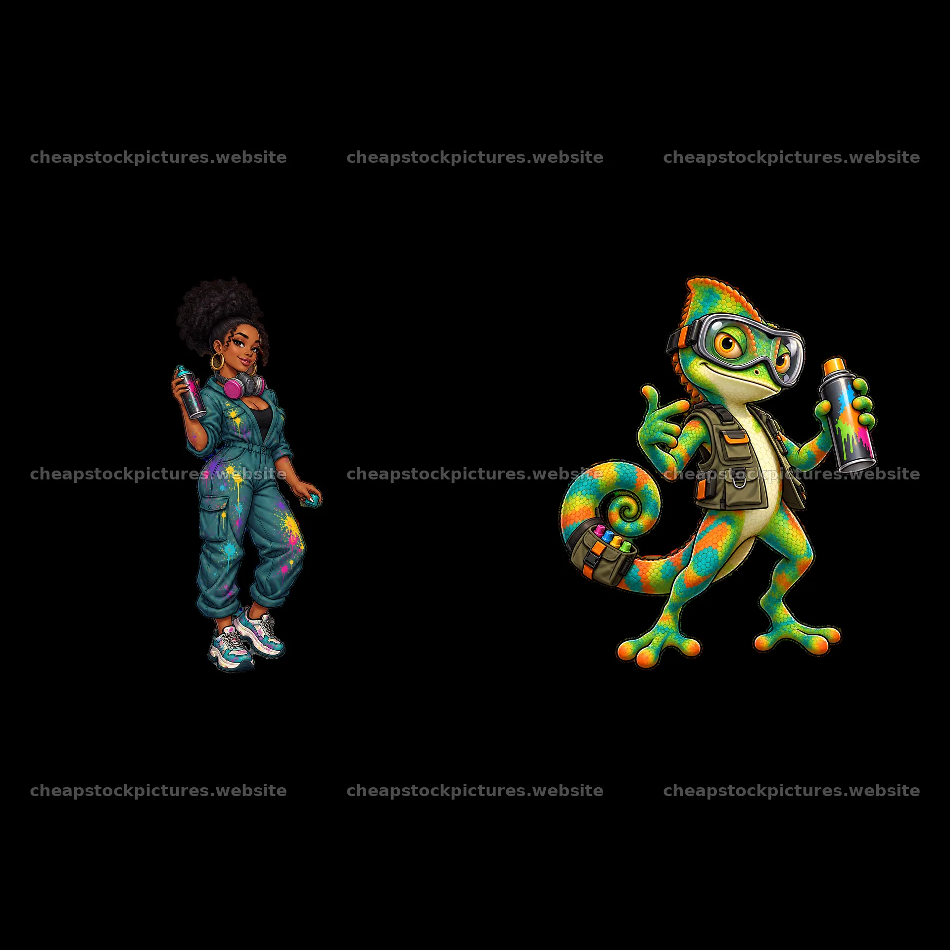 Graffiti artist and chameleon character with spray paint cans – stock pictures 7746x7746