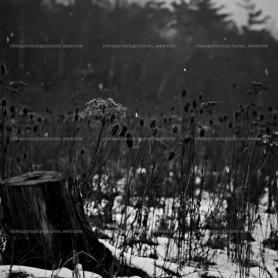 Fukushima native meadow with weathered stump in winter snow – stock pictures 7938x7938