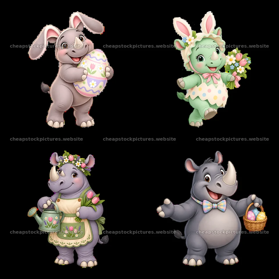 Easter rhinoceros characters with eggs and flowers in square layout – stock pictures 7746x7746