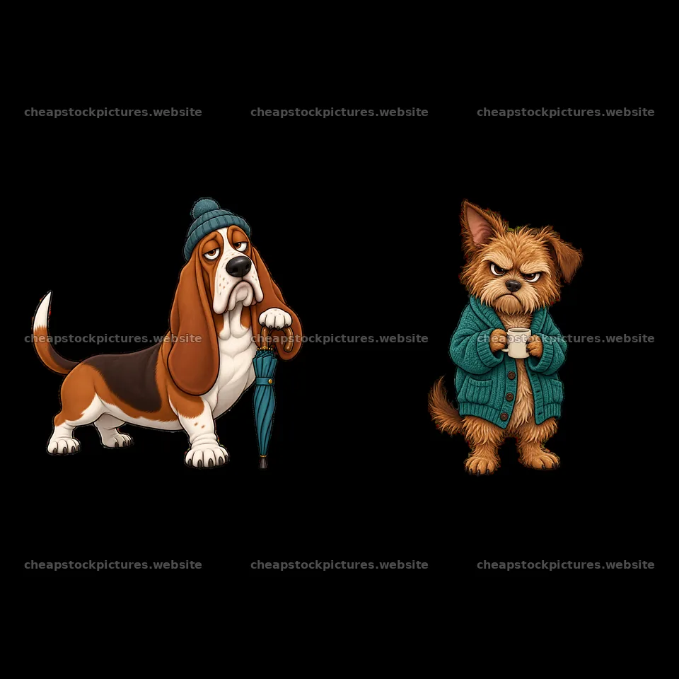 Grumpy dog duo with umbrella and sweater in cartoon style – stock pictures 7746x7746