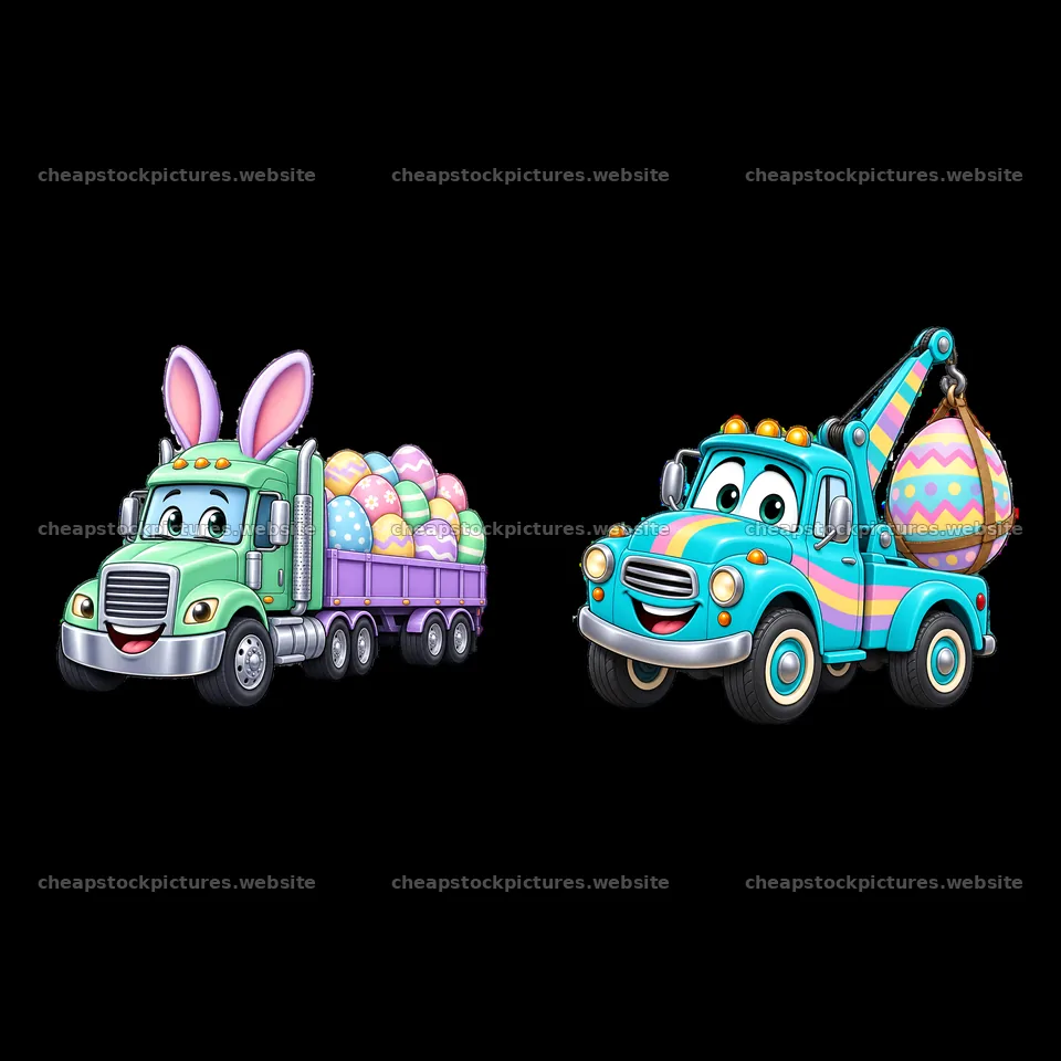 Easter trucks carrying colorful eggs in a playful cartoon style – stock pictures 7746x7746