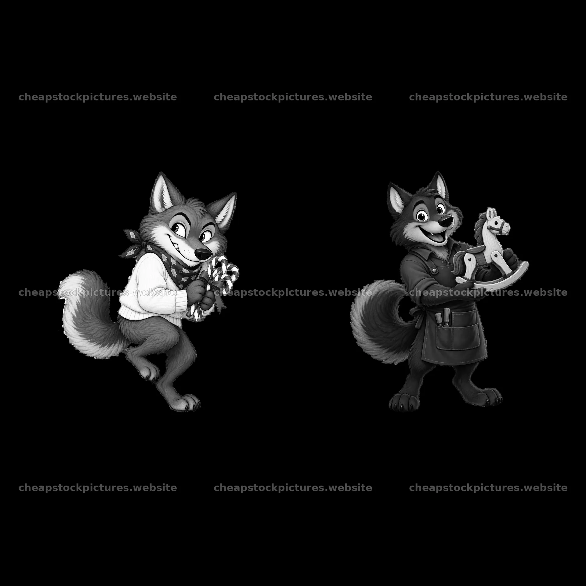 Christmas wolf characters holding candy canes and gifts – stock pictures 7746x7746