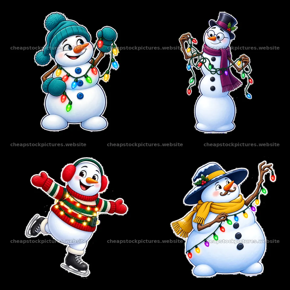 Snowman characters with string lights in festive winter poses – stock pictures 7746x7746