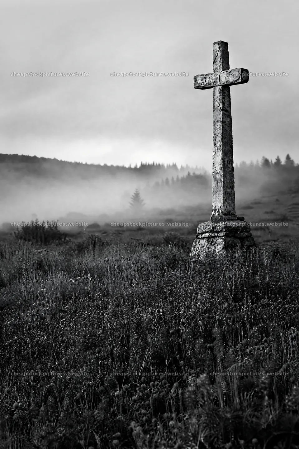 Weathered Christian cross in misty meadow at hot springs – stock pictures 6480x9722