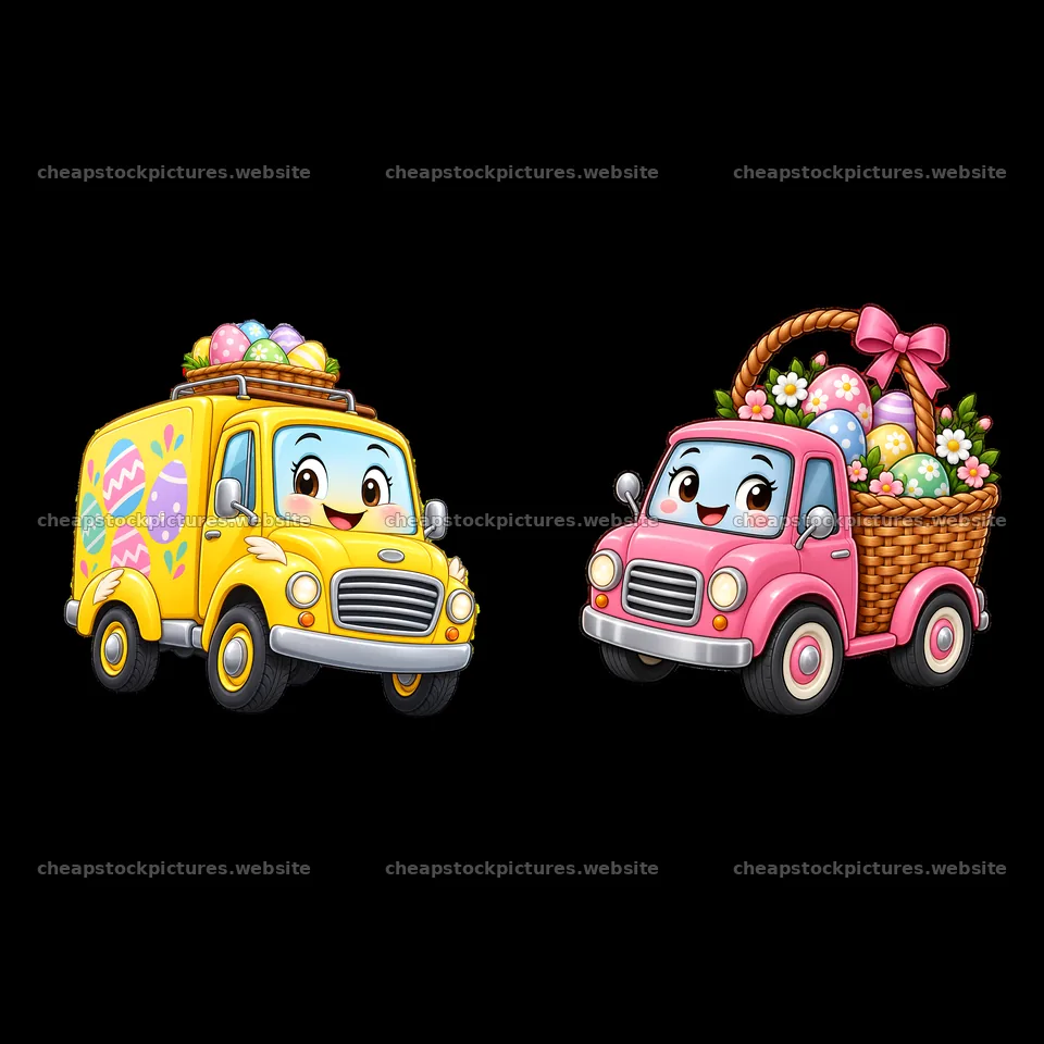 Easter themed trucks with colorful eggs in baskets – stock pictures 7746x7746