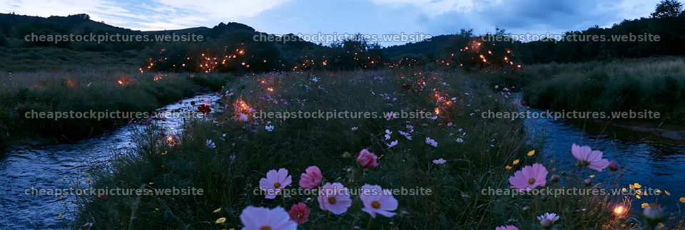Christmas lights beside stream in meadow at dusk – stock pictures 13690x4602