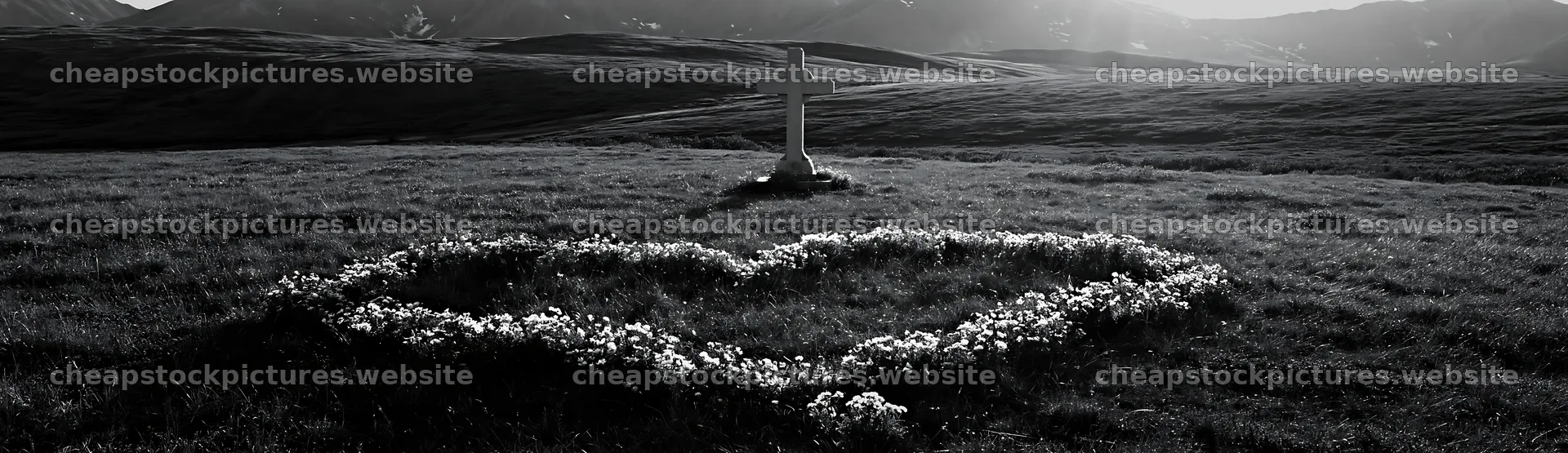 Christian cross in alpine meadow surrounded by flowers – stock pictures 14762x4268