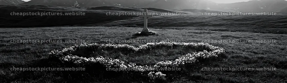 Christian cross in alpine meadow surrounded by flowers – stock pictures 14762x4268
