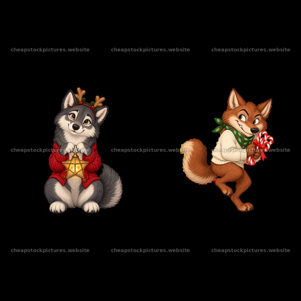 Christmas wolf characters with gifts in festive attire – stock pictures 7746x7746
