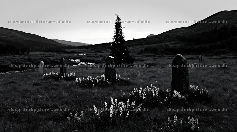 Christmas tree above stream in meadow with gravestones – stock pictures 10608x5938
